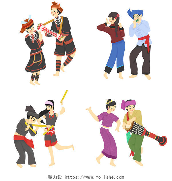 56个少数民族跳舞卡通人物插画JPG素材PNG元素民族团结